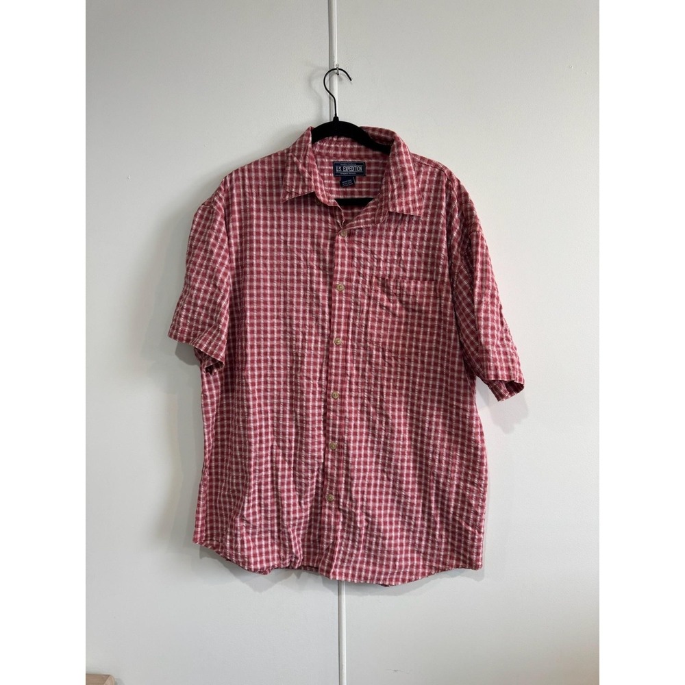 VTG U.S. Expedition Shirt Mens Large Red Check Button Front Short Sleeve Casual